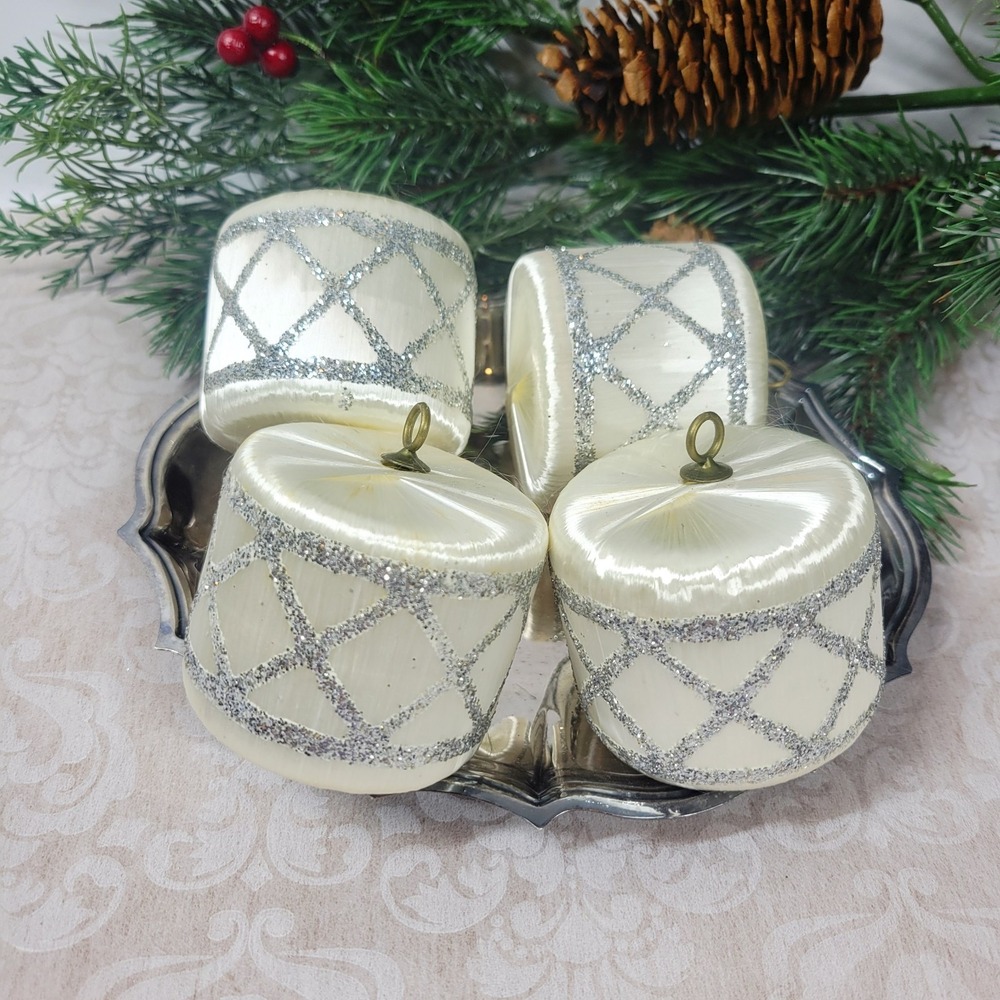 Vintage Satin Sheen Drum Christmas Ornaments Lot Of 4 Silver Mica Glitter